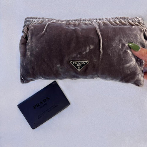 Authentic 1990s Velvet/ Velour Prada Clutch with Classic “Prada” Emblem and All Paperwork