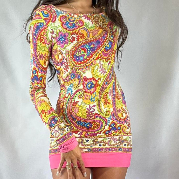 Extremely Rare 1990s Dolce and Gabbana Psychedelic Long Sleeve Mini Dress Size XXS/XS