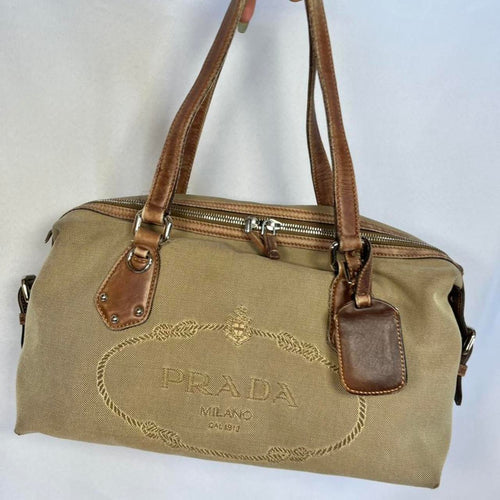 Extremely Rare Early 2000s Brow and Tan Medium Sized Prada Handbag with “Prada Milano” Logo Across the Front