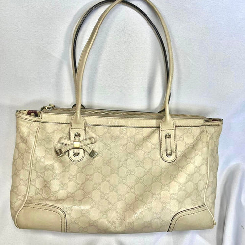 Authentic White Leather Gucci Monogram Tote bag with Gold Detailing