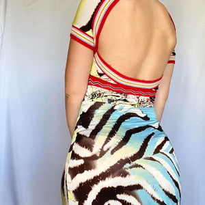 Authentic Early 2000s Robert Cavalli Open Back Multicolor Zebra/ Rainbow Print Dress