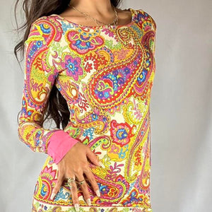 Extremely Rare 1990s Dolce and Gabbana Psychedelic Long Sleeve Mini Dress Size XXS/XS