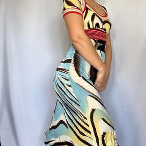 Authentic Early 2000s Robert Cavalli Open Back Multicolor Zebra/ Rainbow Print Dress