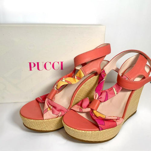 Amazing Authentic Emilio Pucci Abstract Psychedelic Pink Orange and Yellow High Heeled Wedges