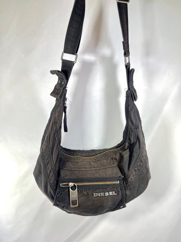 Authentic Diesel Late 1990s Cargo/ Utilitarian Large Black Boho Shoulder Bag with Adjustable Straps and “Diesel” in Silver