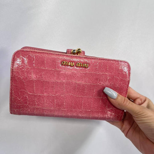 Miu Miu Crocodile Style Leather Pink Wallet with Coin Purse Clasp