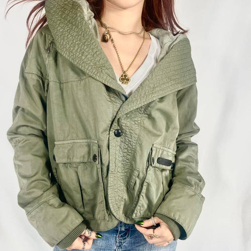 Y2k Olive/Military Green Diesel Wide Hooded Coat with Leather Detailing Sz Small