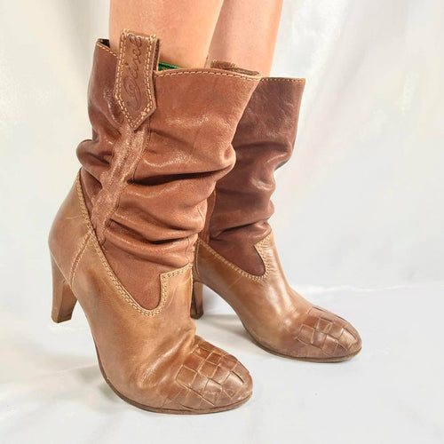 Vintage Tan Brown Diesel Heeled Cowboy Boots with Leather Detailing Size 6