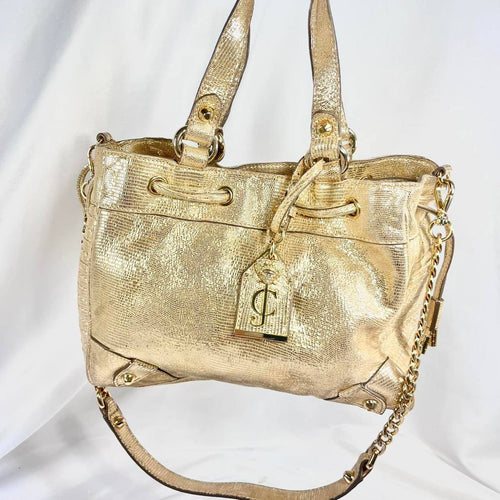 Juicy Couture Full Golden Tote Purse w Gold Chains,Keychain Mirror,Gold Hardware